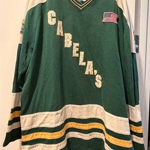 Vintage Cabela’s Mondetta Green V-Neck Hockey Jersey with Yellow Stripes